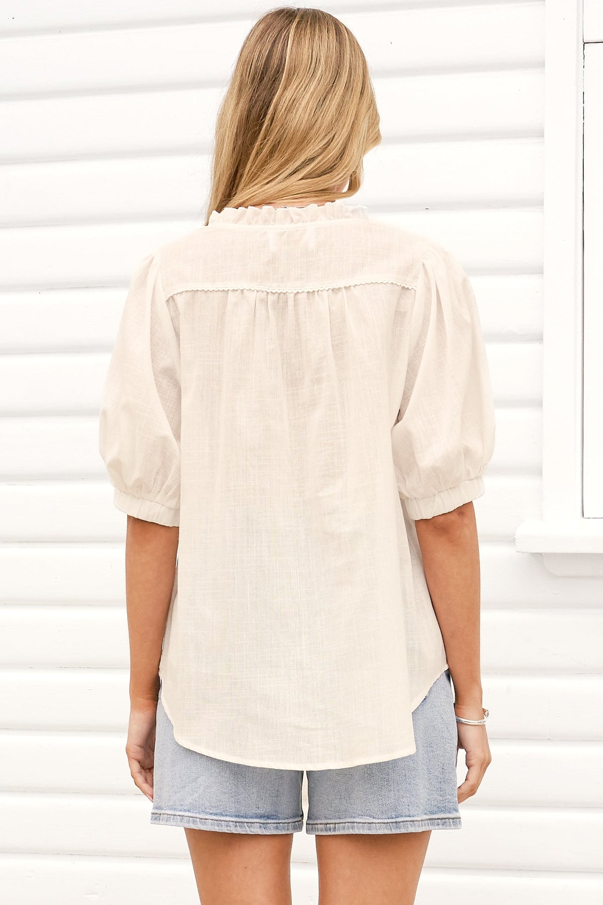 Alettie Blouse - Frill Collar Balloon Sleeve Button Down in White