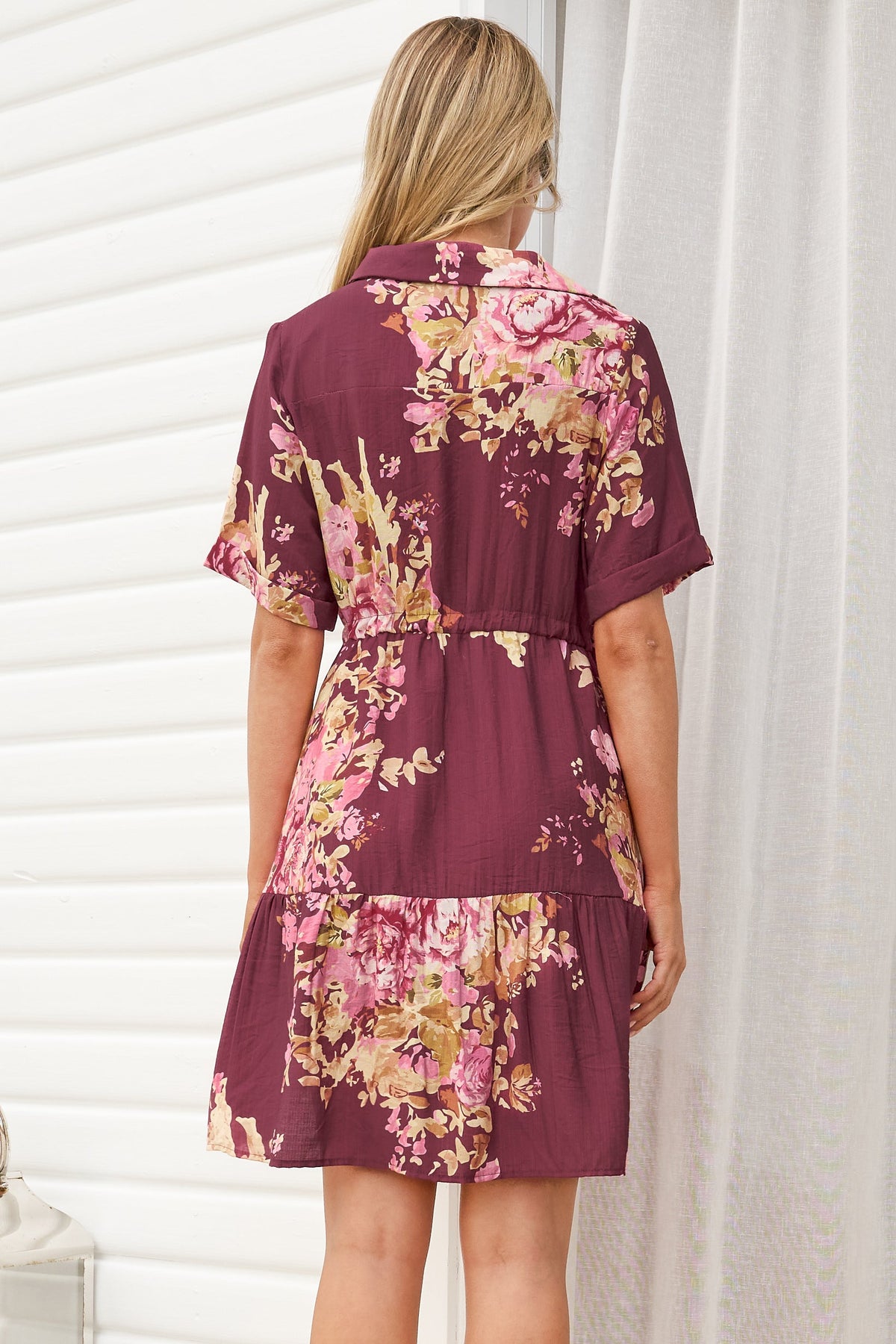 Apryl Mini Dress - Collared Short Sleeve Dress with Pull Tie Waist in Vela Print Burgundy