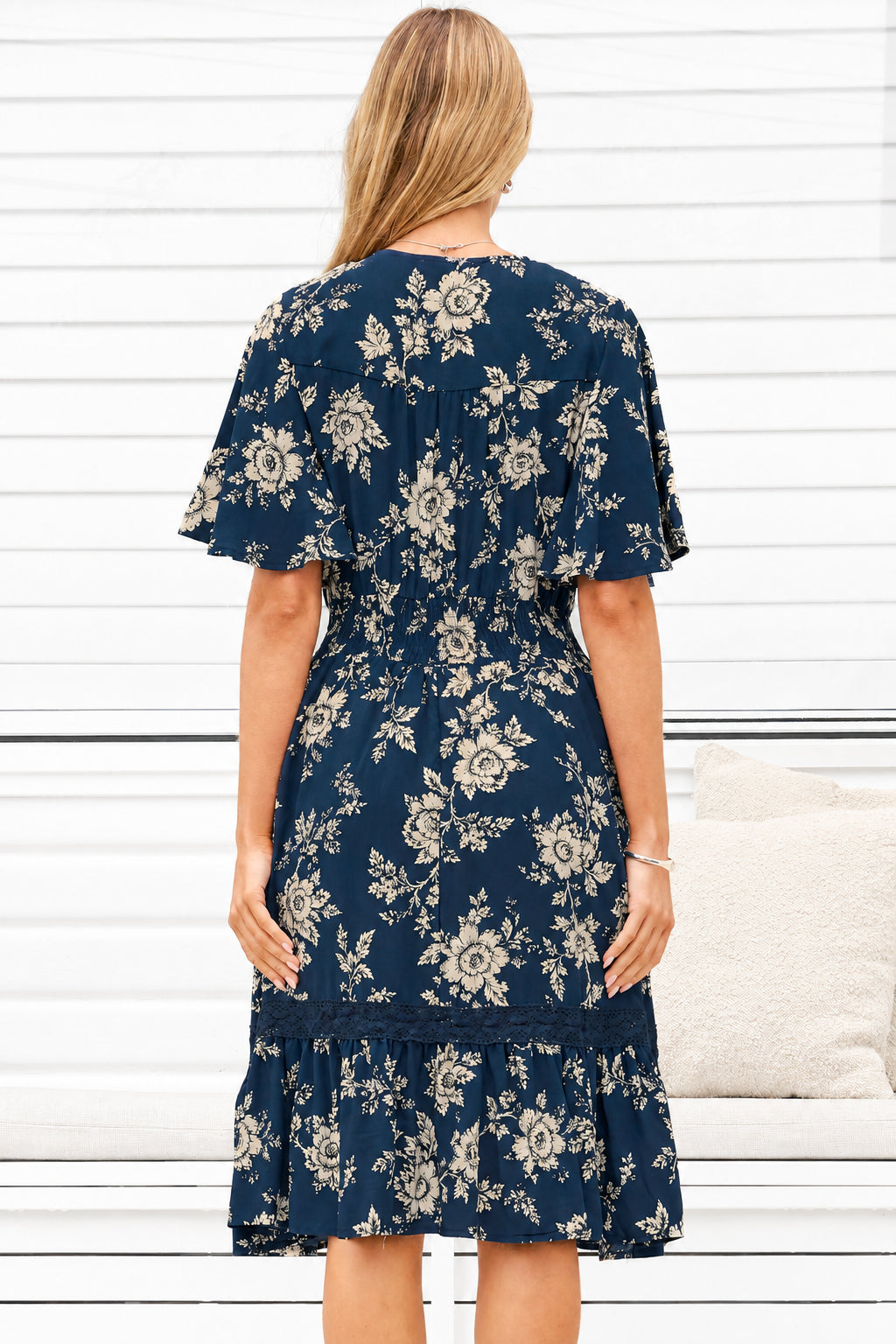 Balenca Mini Dress - V Neck Lace Insert A Line Dress with Flutter Sleeves in Salvia Print Navy