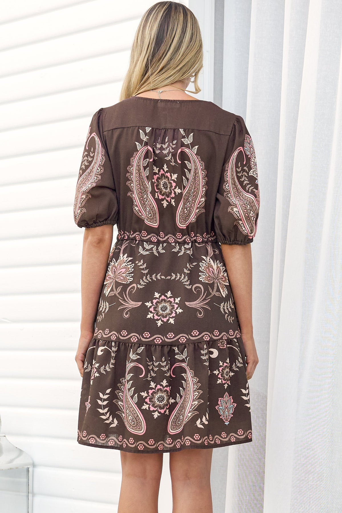 Bestie Mini Dress - V Neck Balloon Sleeve Dress with Tie Waist and Pockets in Magah Print Brown
