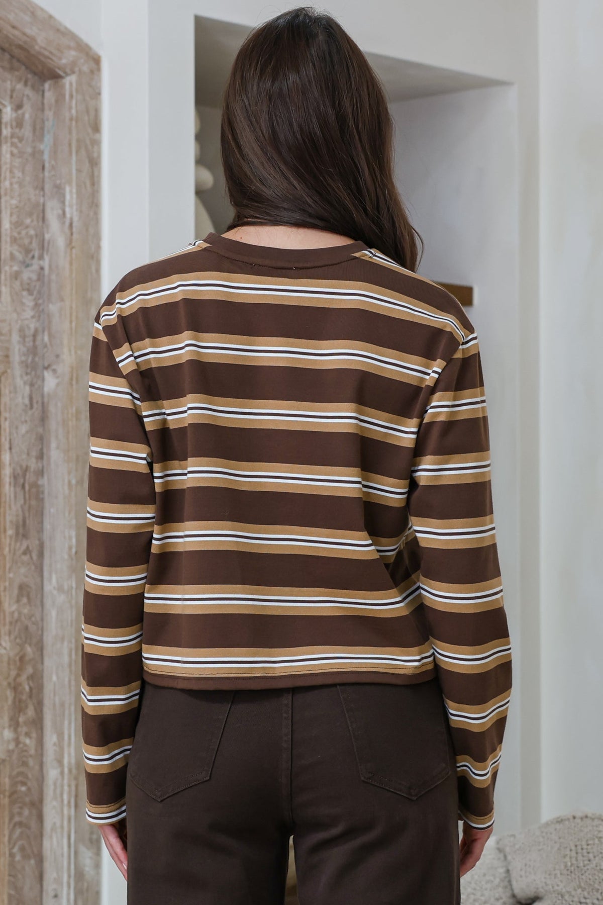 Brady Top - Crew Neck Relaxed Long Sleeve Cropped Tee in Brown Stripe