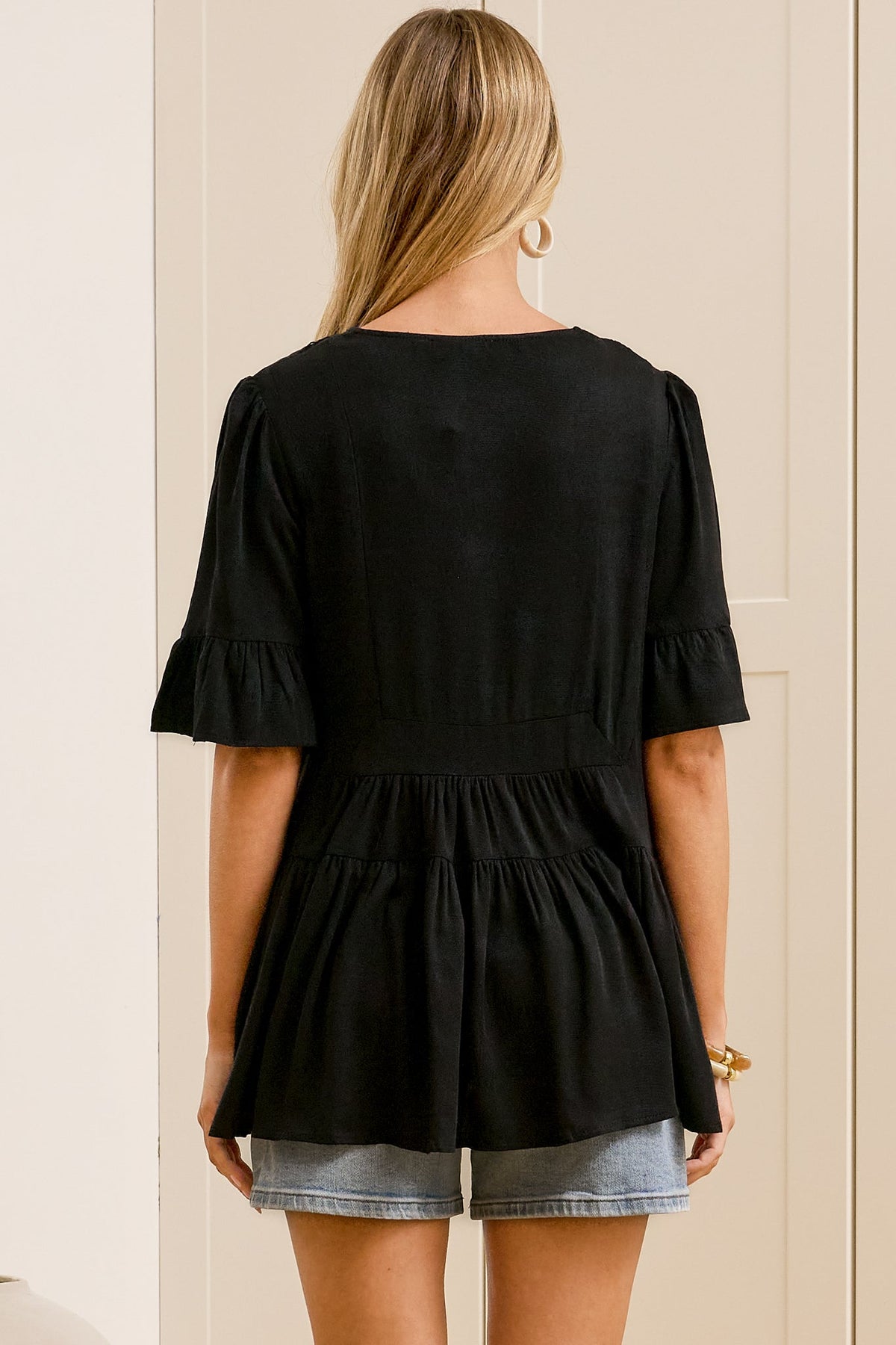 Candara Top - V Neck Ladder Trim Top with Ruffle-cuff Sleeves in Black