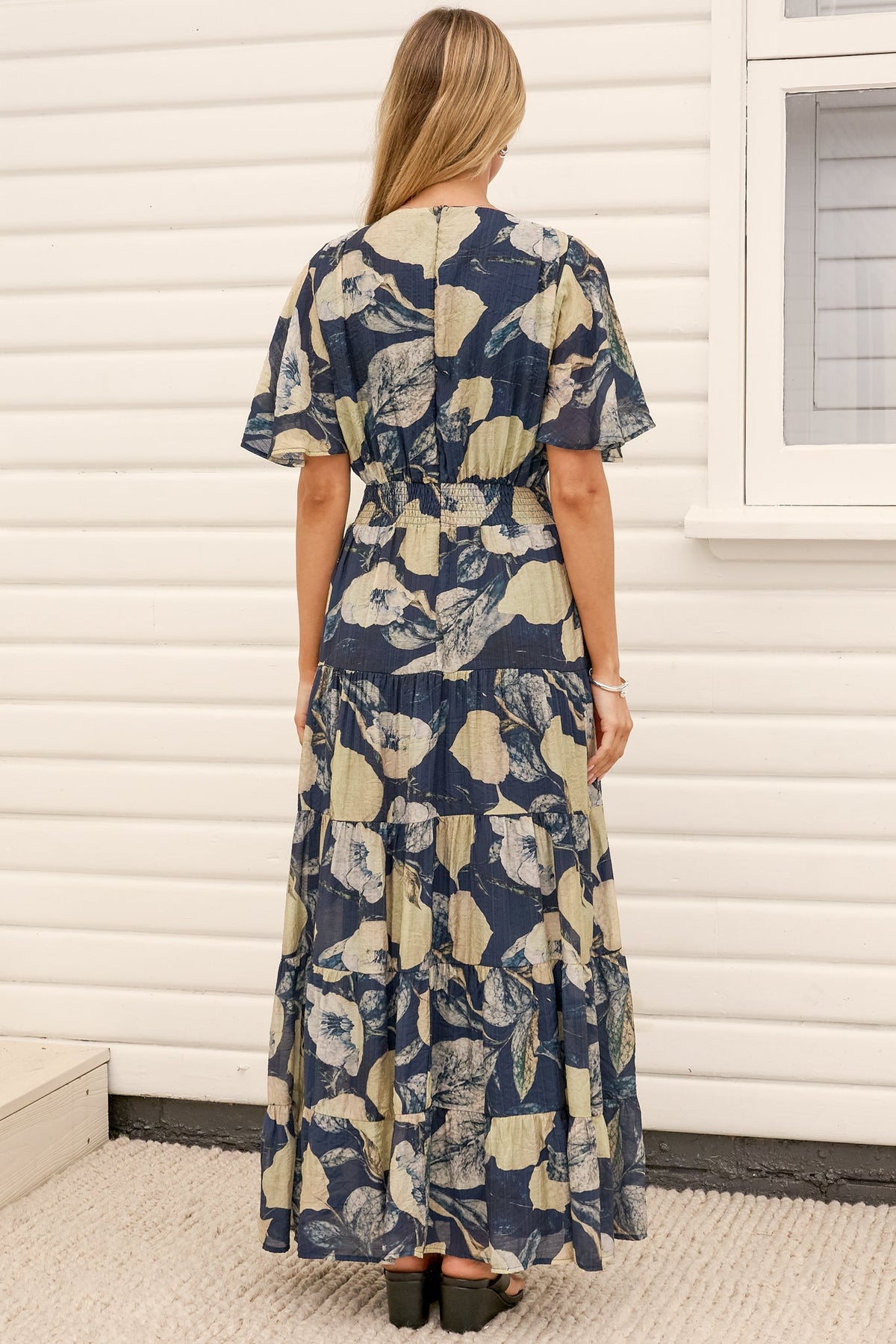 Jasmin Maxi Dress - V Neck Tiered A Line Dress with Flutter Sleeves in Celine Print Blue