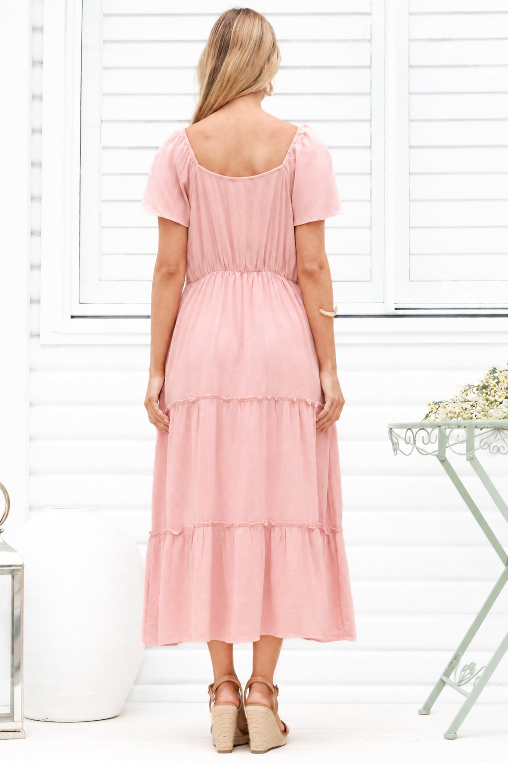 Karina Midi Dress - Button Down Cap Sleeve Tiered Dress in Pink
