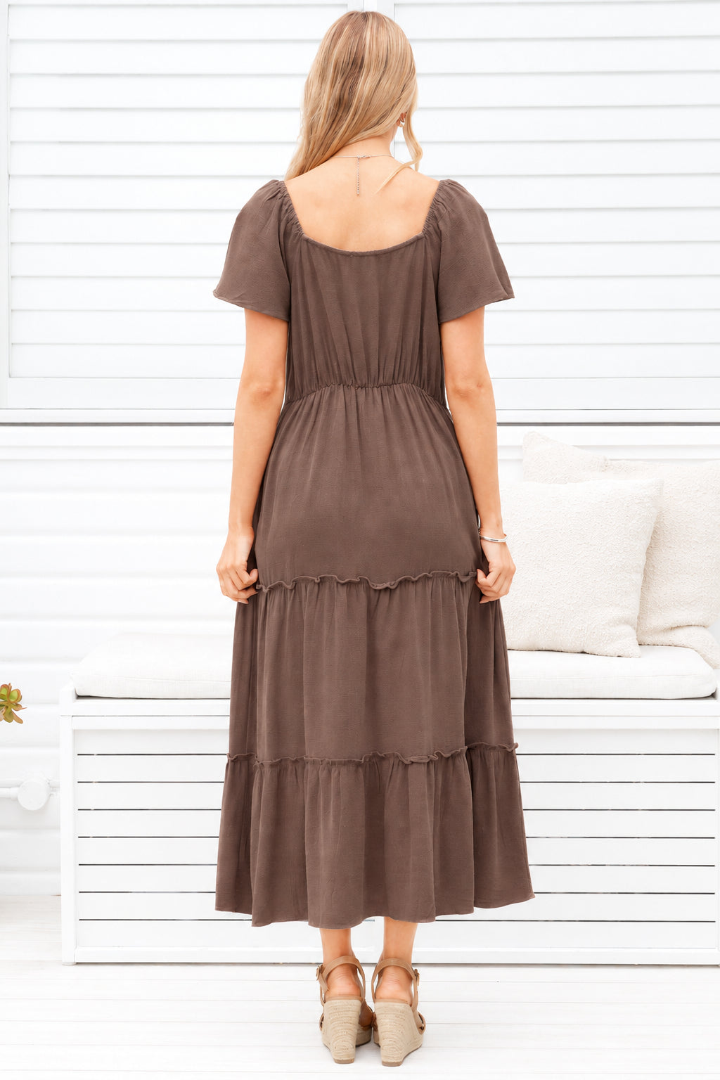 Karina Midi Dress - Button Down Cap Sleeve Tiered Dress in Brown