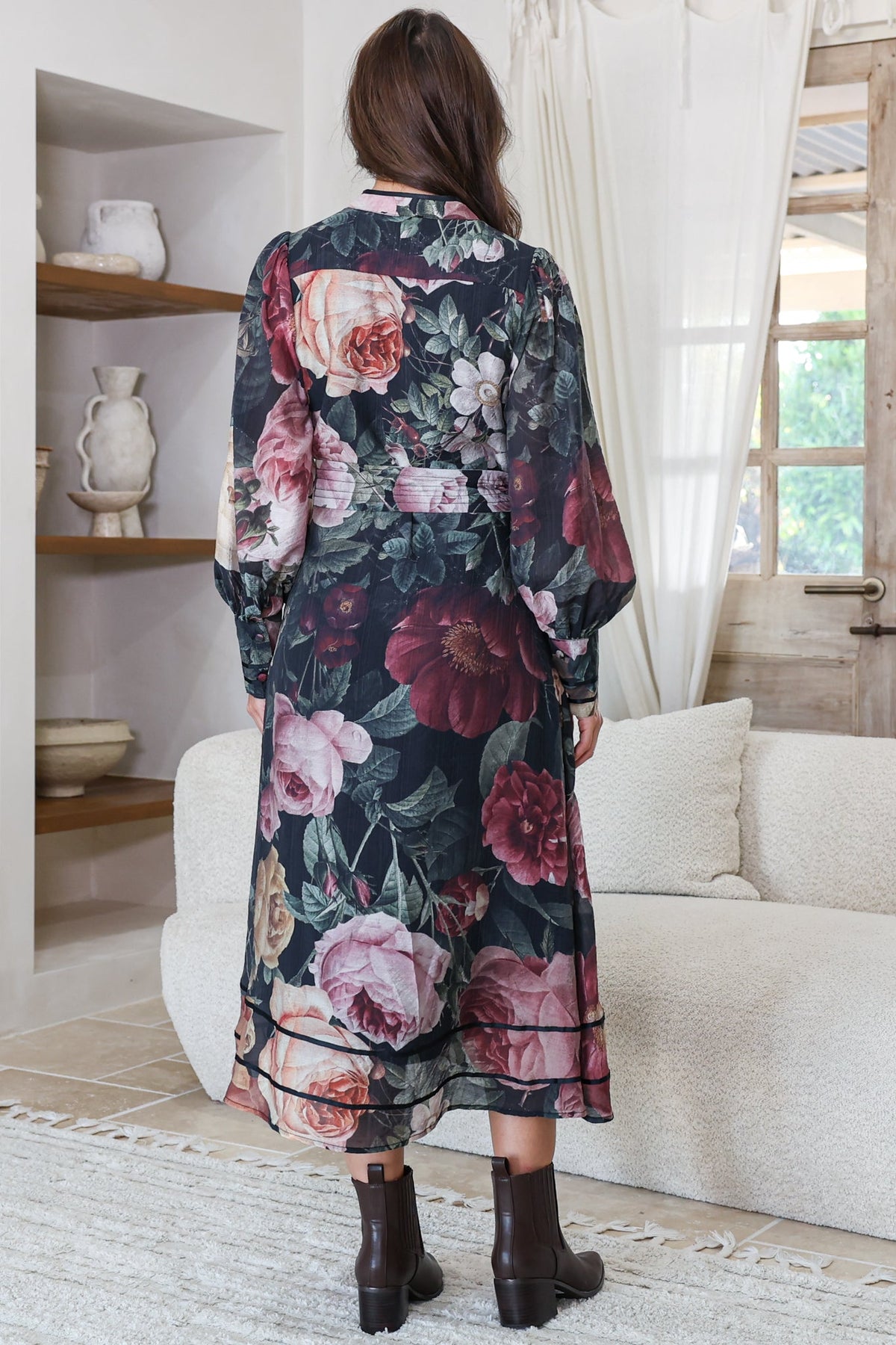 Langdon Midi Dress - Mandarin Collar Button Down Dress with Matching Belt in Annalisa Print