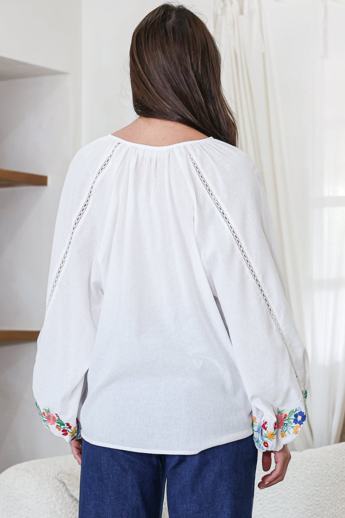 Margerie Top - Floral Embroidered Top with Long Sleeves in White