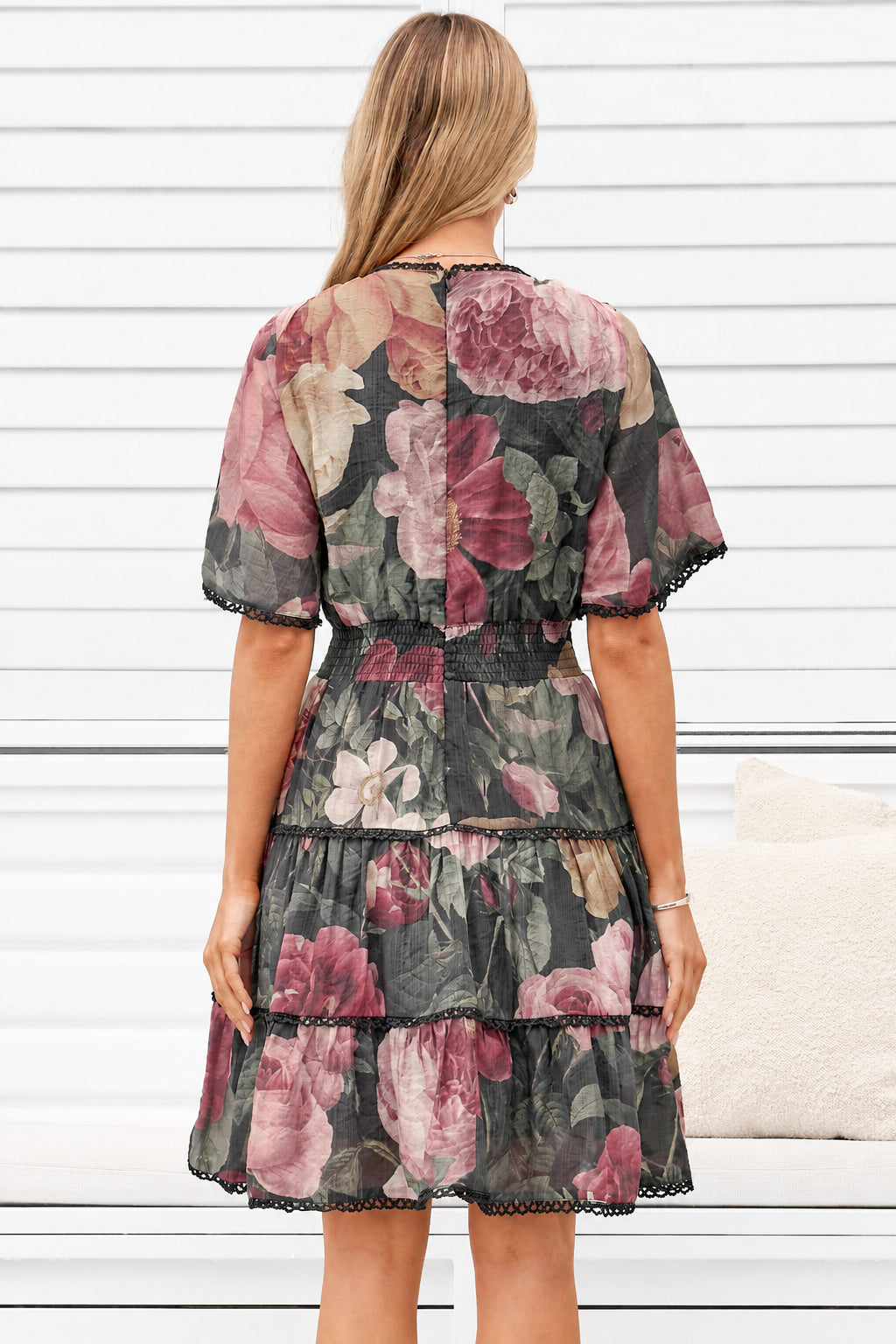 Marion Mini Dress - Lace Trim Tiered Dress with Flutter Sleeves in Annalisa Print