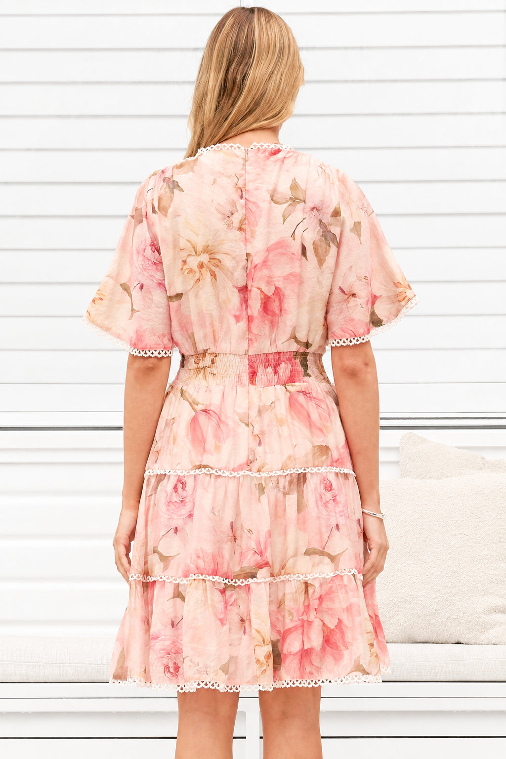 Marion Mini Dress - Lace Trim Tiered Dress with Flutter Sleeves in Lucy Print
