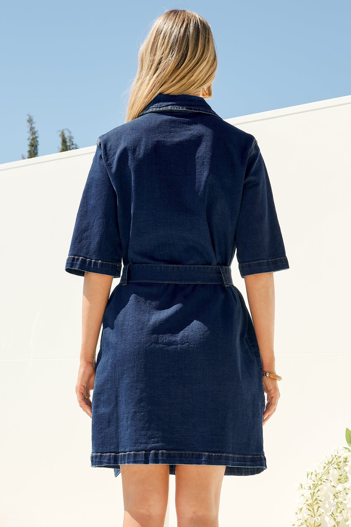 Monaco Denim Mini Dress - Collared Shirt Dress with Waist Tie in Dark Denim