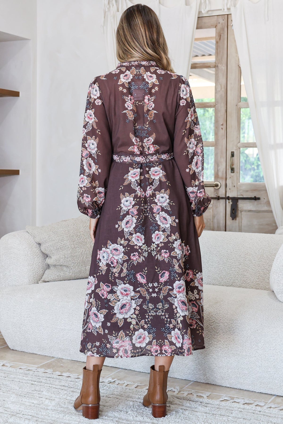 Moreana Midi Dress - Mandarin Collar Button Down Long Sleeves with Belt in Fontana Print Brown