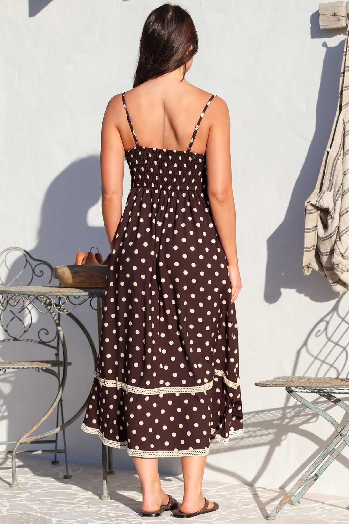 Novalie Midi Dress - Spaghetti Strap Sun Dress with Lace Splicing and Pockets in Polka Chocolate