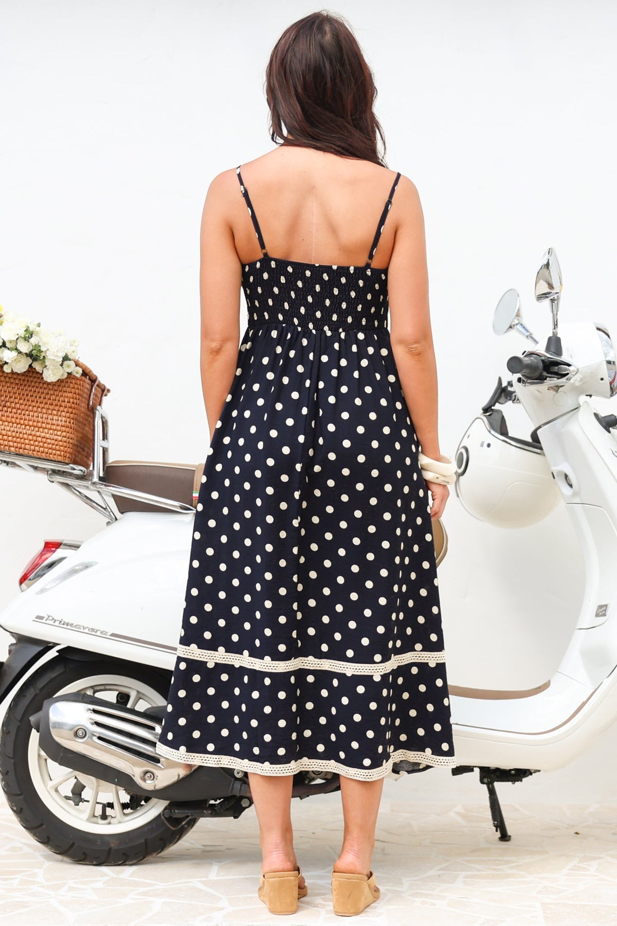 Novalie Midi Dress - Spaghetti Strap Sun Dress with Lace Splicing and Pockets in Polka Navy