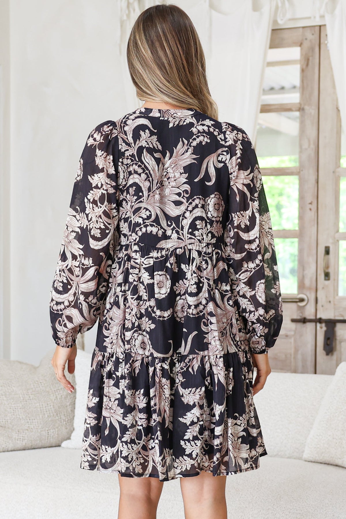 Olivia Mini Dress - Mandarin Collar Tiered Smock Dress with Long Sleeves in Pim Print Black