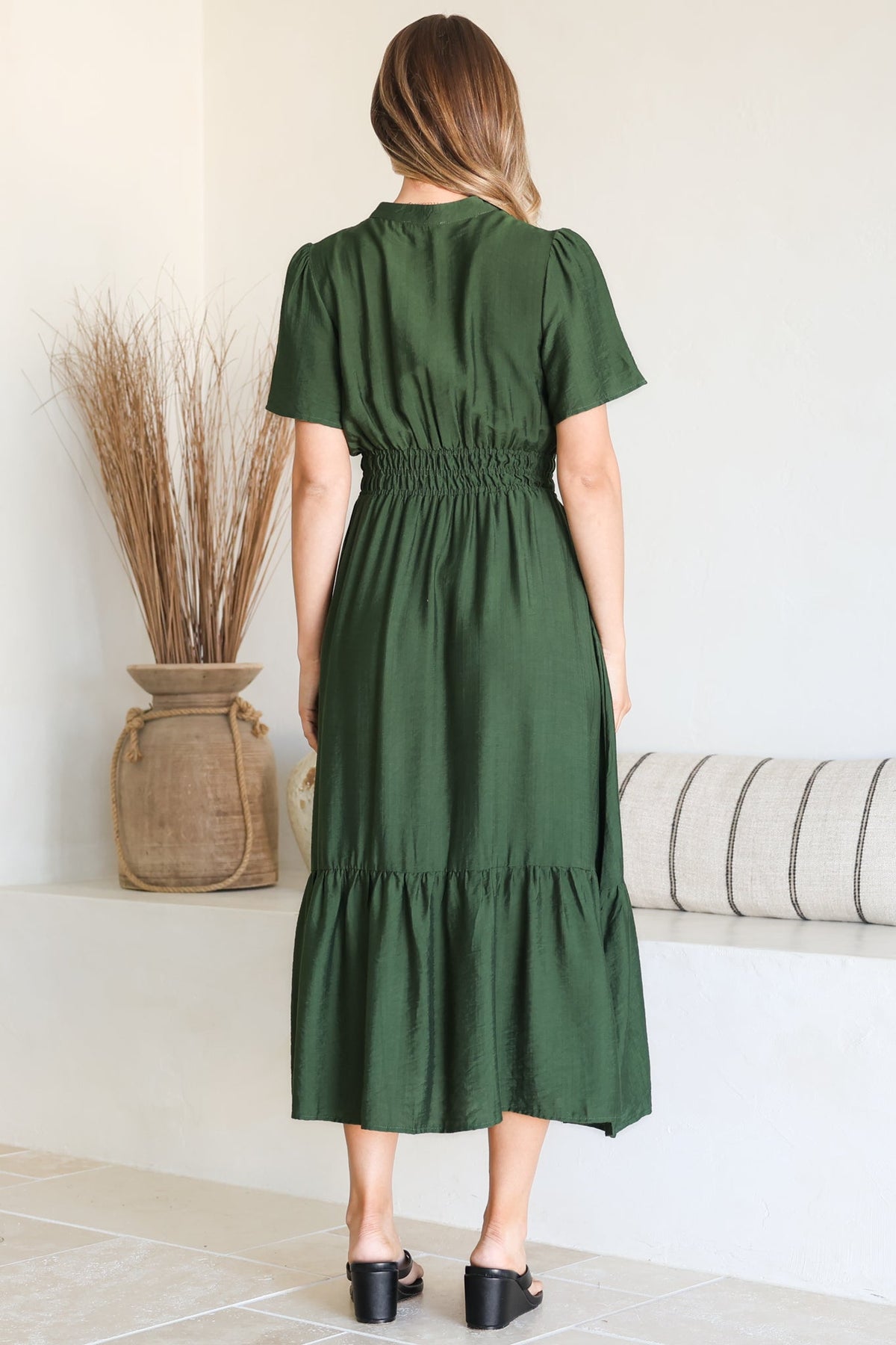 Paloma Midi Dress - Mandarin Split Collar A Line Button Down with Cap Sleeves in Emerald