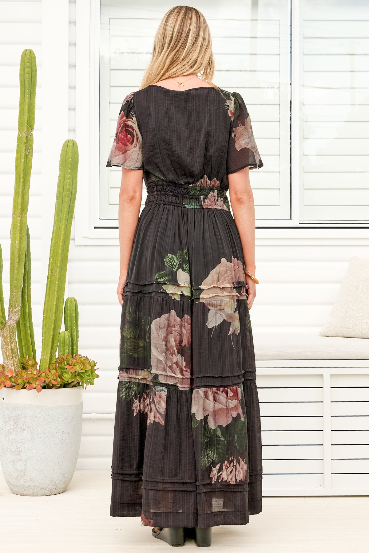 Payton Maxi Dress - Pleat Detailed A-Line Dress with Cap Flutter Sleeves in Mika Print