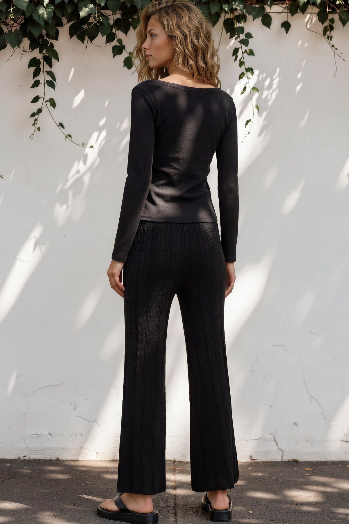 Ravio Knit Pants - High Waisted Cable Knit Flared Pants in Black