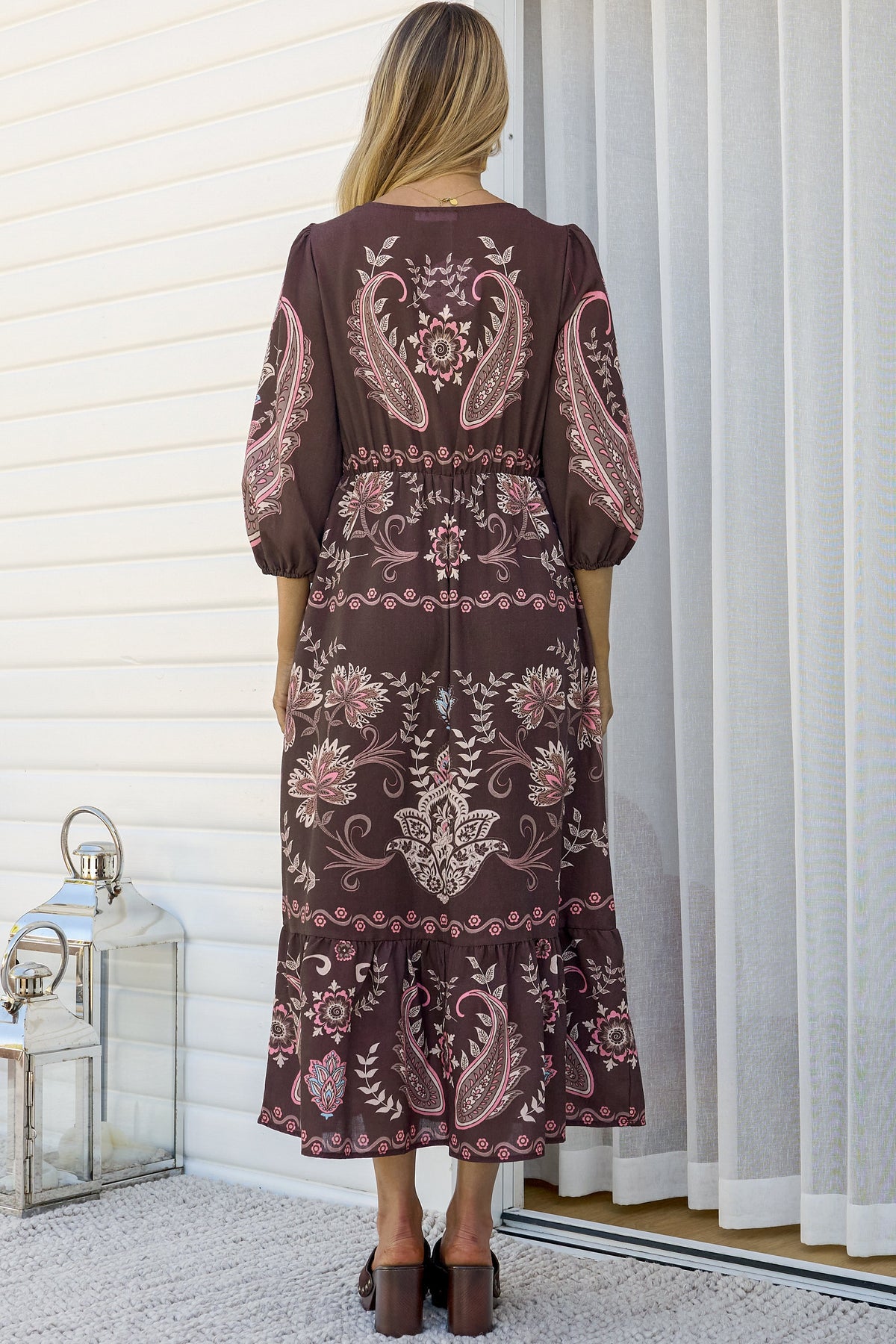 Thanya Midi Dress - V-Neck with Tie Balloon Sleeve Tiered Dress in Magah Print Brown