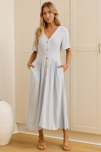 Cyan Midi Dress  - V Neckline Dress in Blue