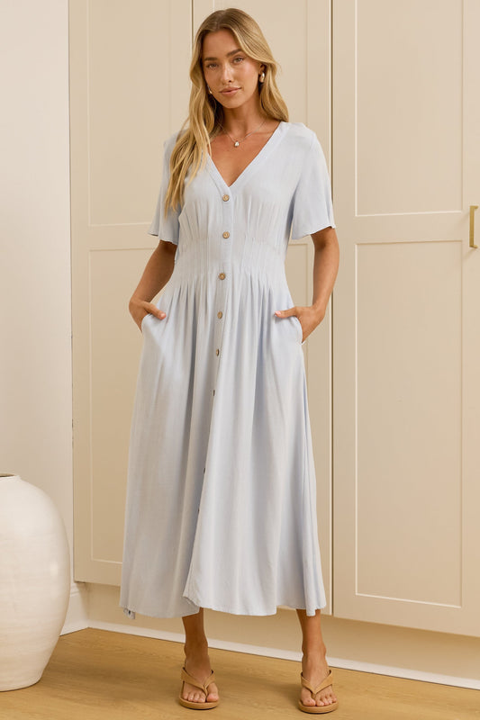 Cyan Midi Dress  - V Neckline Dress in Blue