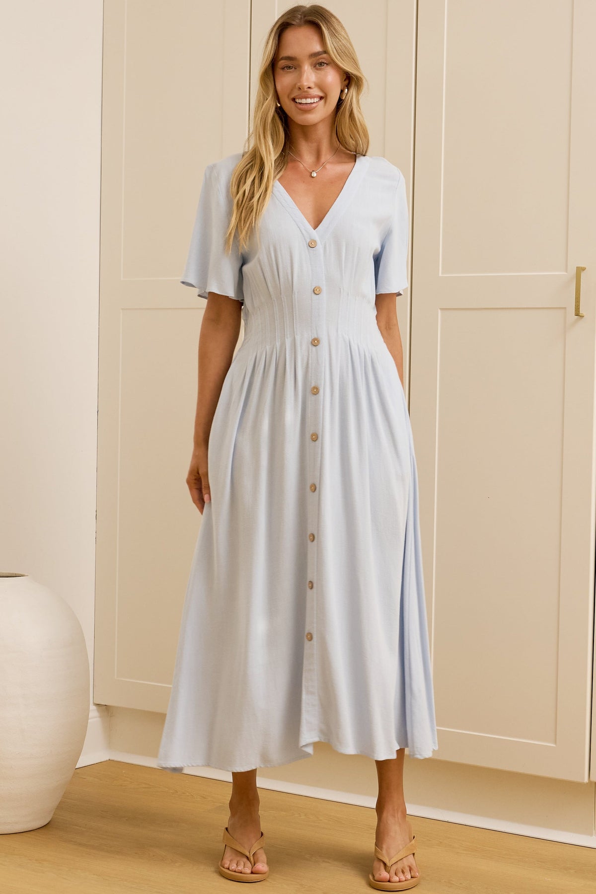 Cyan Midi Dress  - V Neckline Dress in Blue