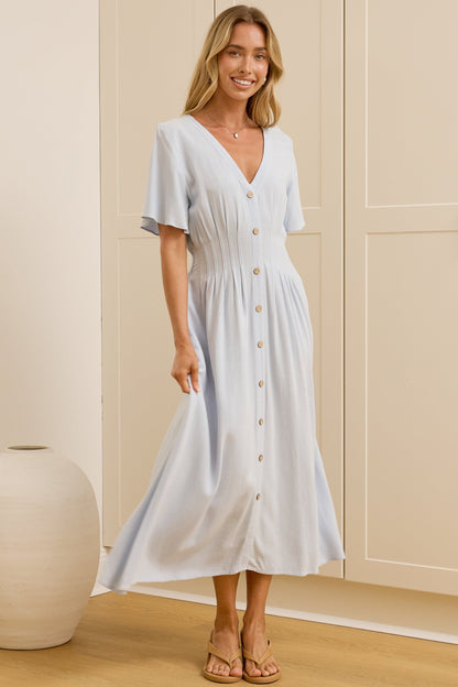 Cyan Midi Dress  - V Neckline Dress in Blue