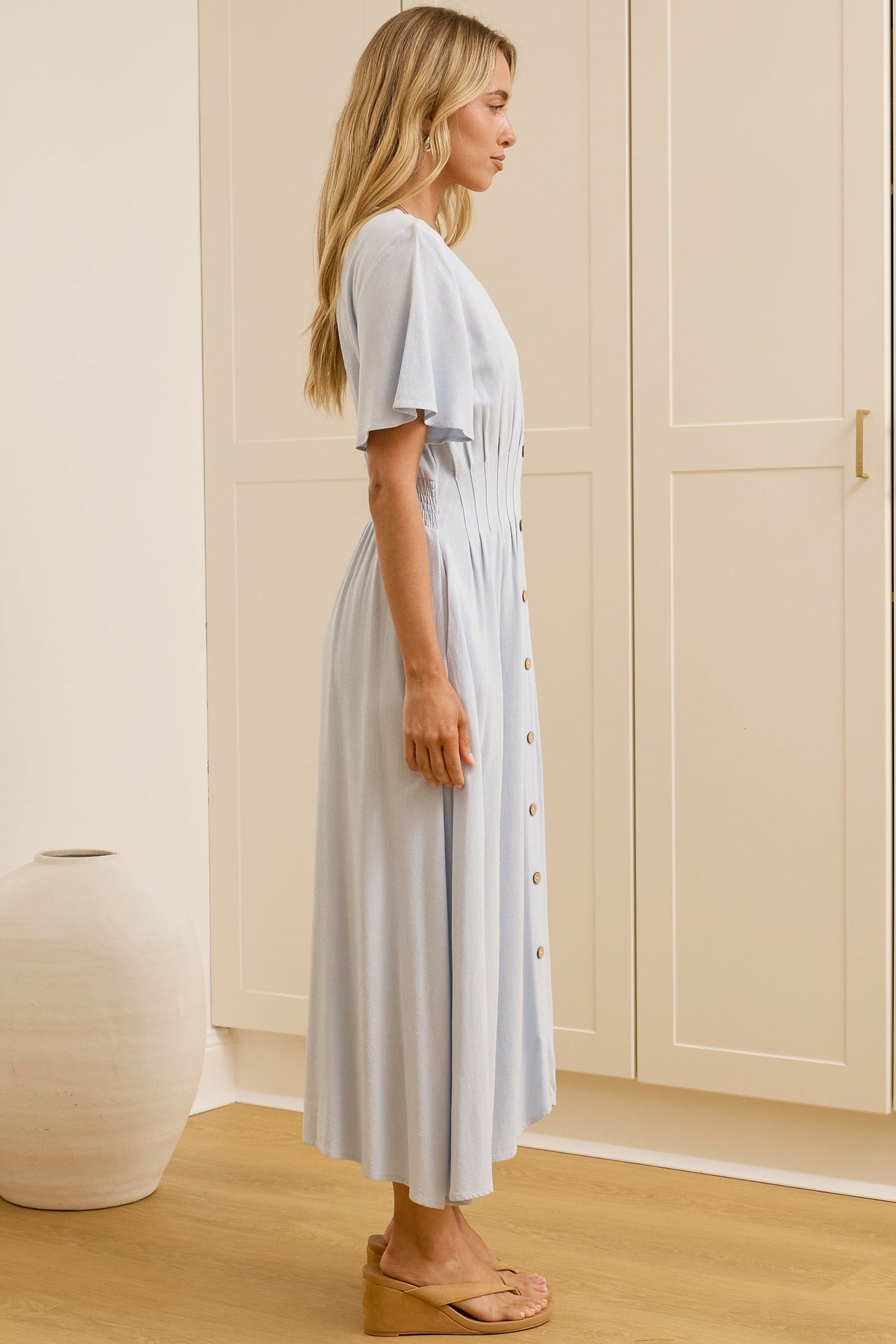 Cyan Midi Dress  - V Neckline Dress in Blue