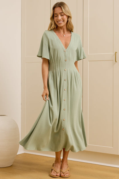 Cyan Midi Dress  - V Neckline Dress in Sage