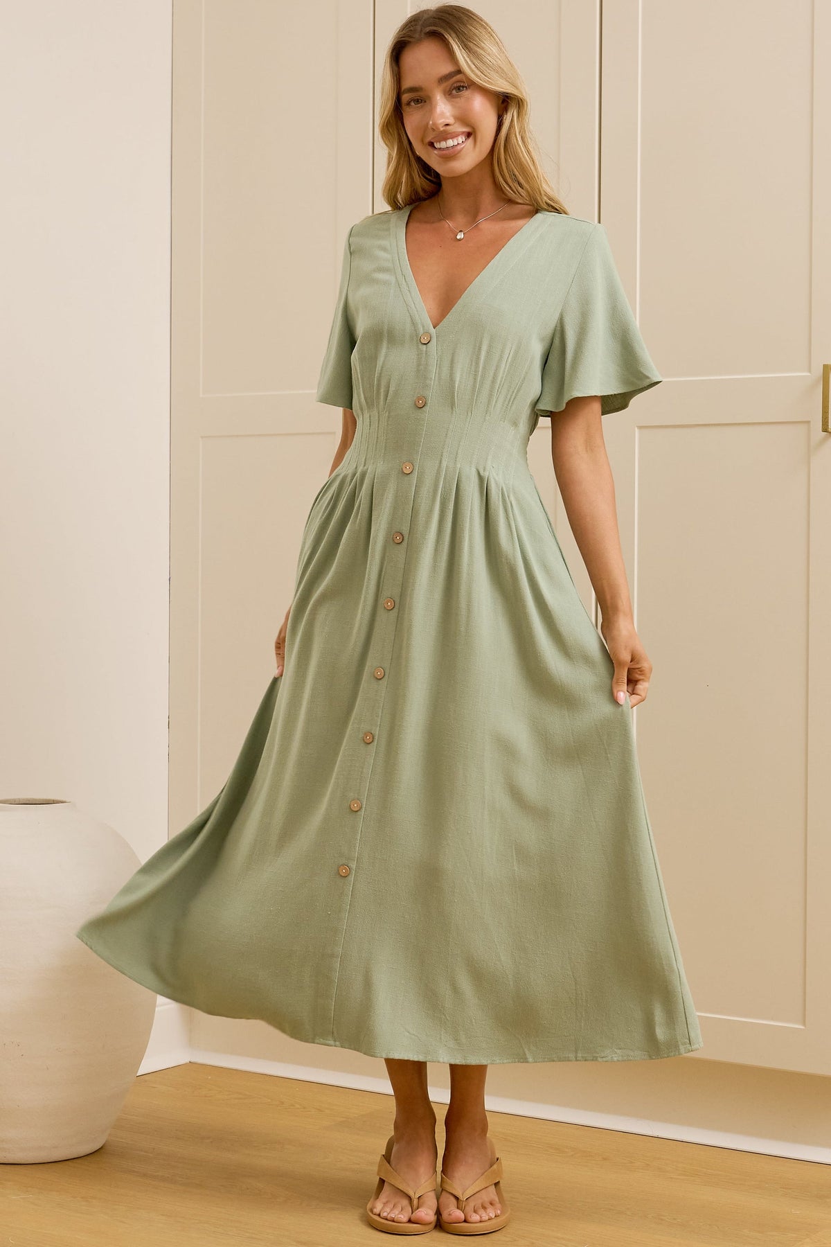 Cyan Midi Dress  - V Neckline Dress in Sage