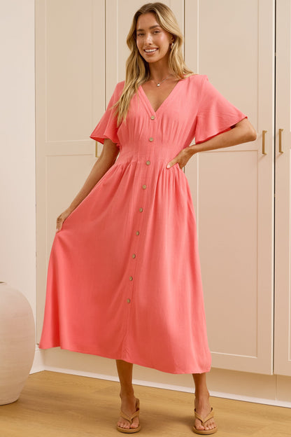 Cyan Midi Dress  - V Neckline Dress in Pink