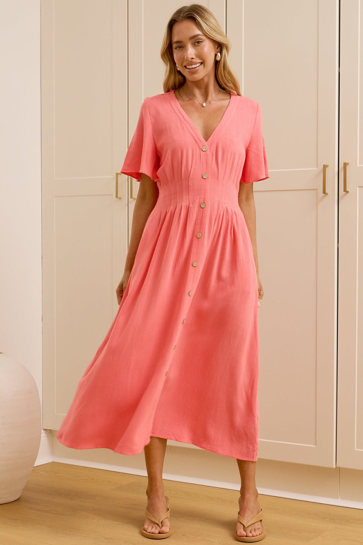 Cyan Midi Dress  - V Neckline Dress in Pink