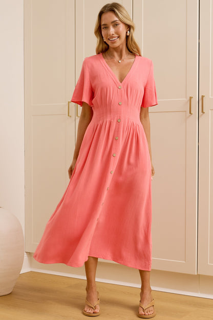 Cyan Midi Dress  - V Neckline Dress in Pink