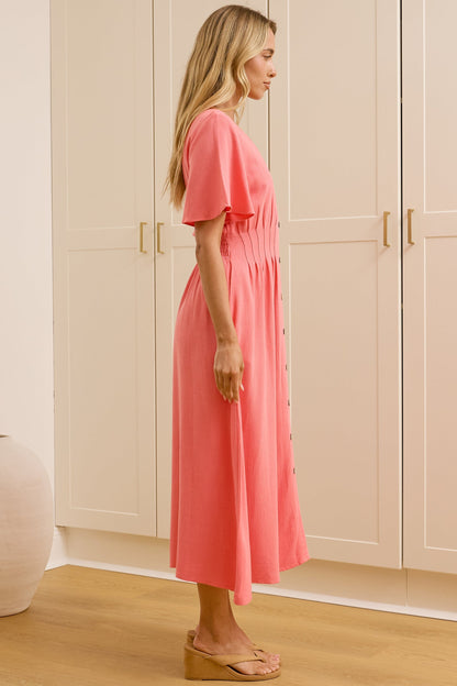 Cyan Midi Dress  - V Neckline Dress in Pink