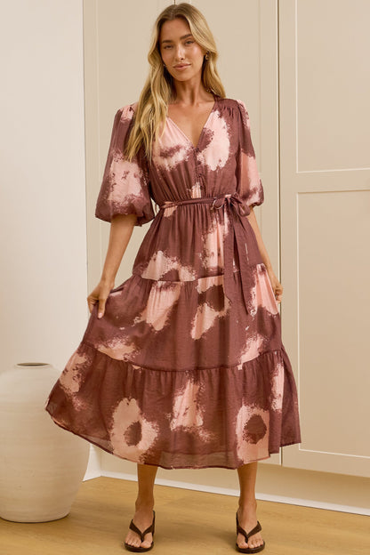 Kellee Midi Dress - V-Neckline Tiered Dress with Balloon Sleeves in Harlett Print