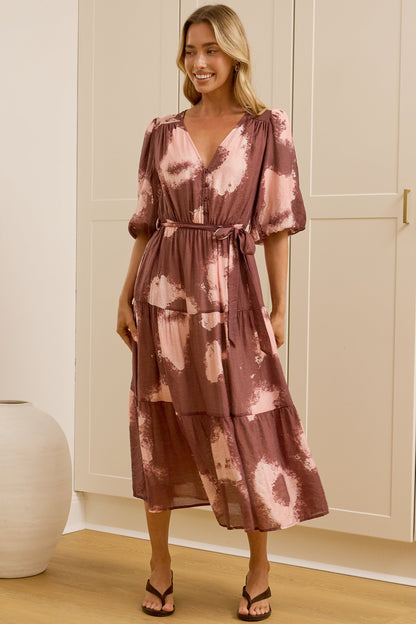Kellee Midi Dress - V-Neckline Tiered Dress with Balloon Sleeves in Harlett Print