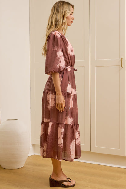 Kellee Midi Dress - V-Neckline Tiered Dress with Balloon Sleeves in Harlett Print