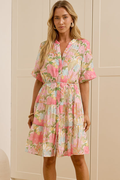 Alissa Mini Dress - Mandarin Collar Shirt Dress with Waist Tie in Wisteria Print
