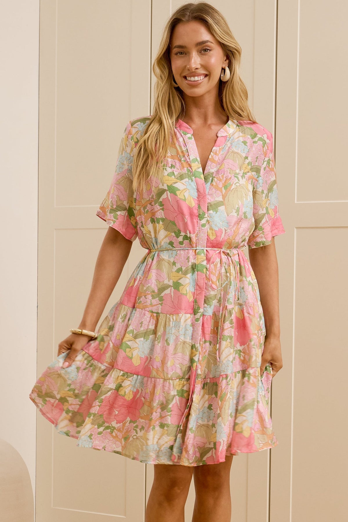 Alissa Mini Dress - Mandarin Collar Shirt Dress with Waist Tie in Wisteria Print