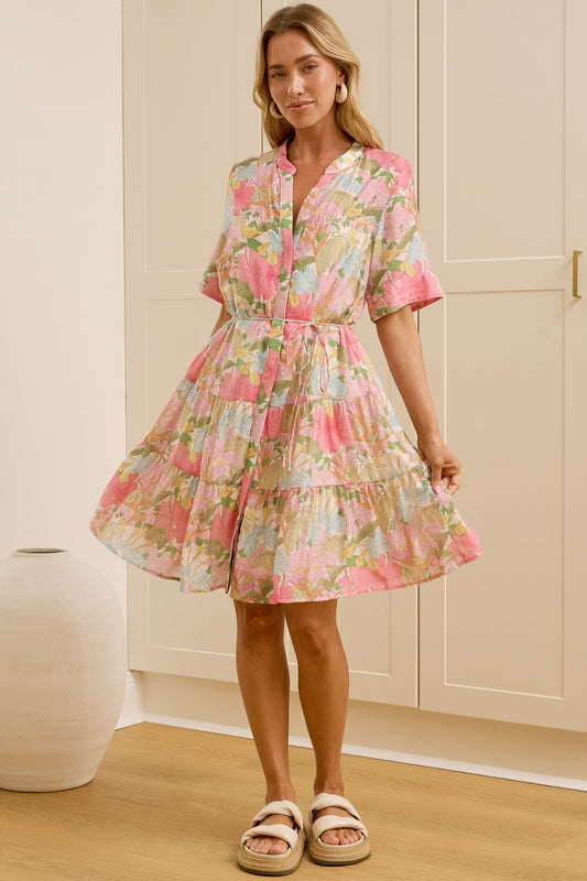 Alissa Mini Dress - Mandarin Collar Shirt Dress with Waist Tie in Wisteria Print