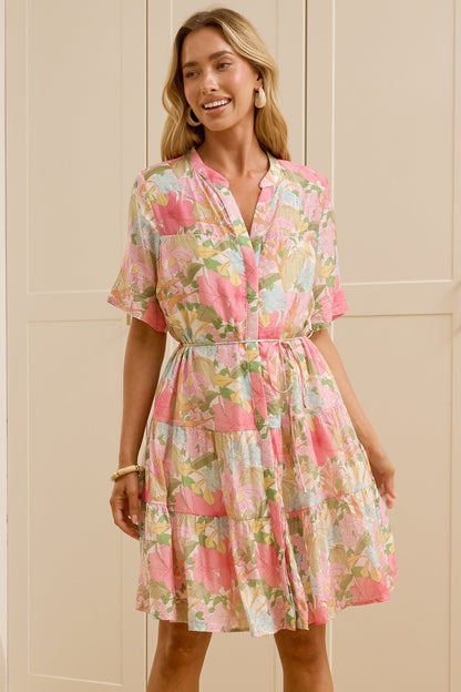 Alissa Mini Dress - Mandarin Collar Shirt Dress with Waist Tie in Wisteria Print