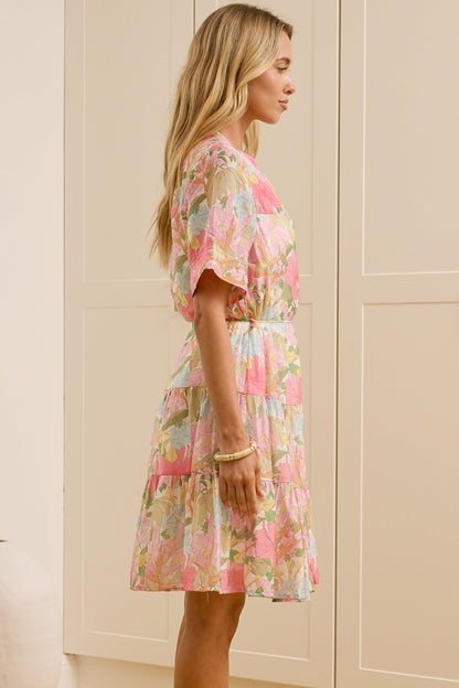 Alissa Mini Dress - Mandarin Collar Shirt Dress with Waist Tie in Wisteria Print