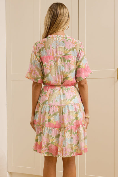 Alissa Mini Dress - Mandarin Collar Shirt Dress with Waist Tie in Wisteria Print