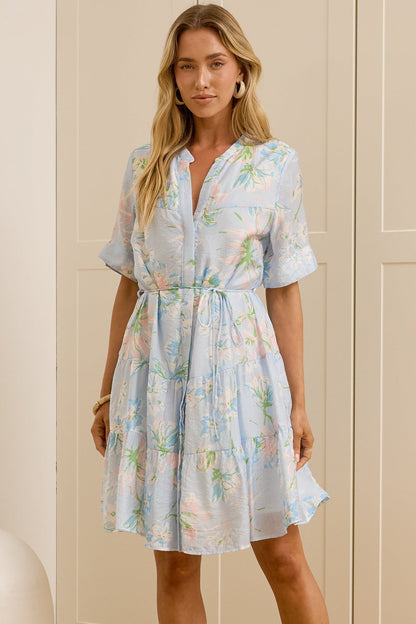 Alissa Mini Dress - Mandarin Collar Shirt Dress with Waist Tie in Camellia Print