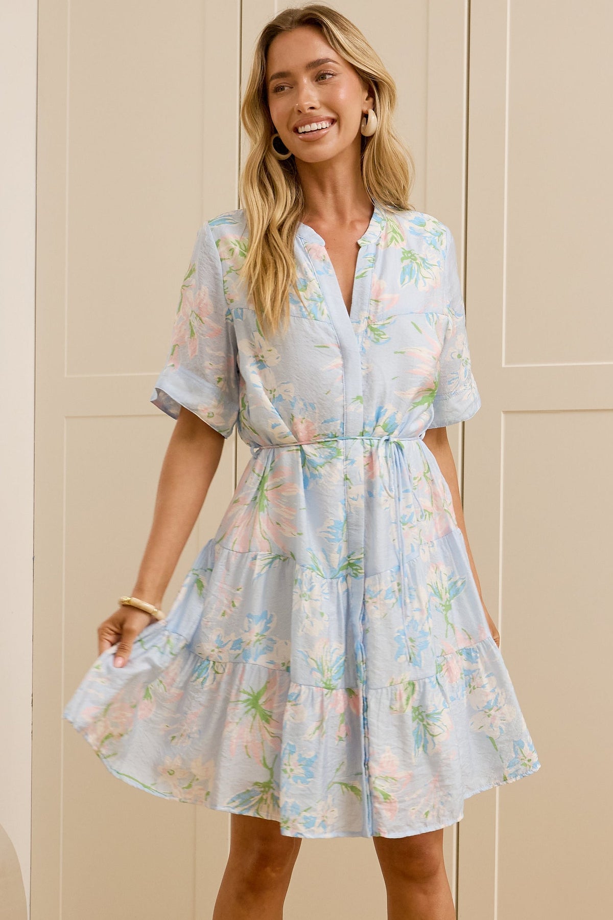 Alissa Mini Dress - Mandarin Collar Shirt Dress with Waist Tie in Camellia Print