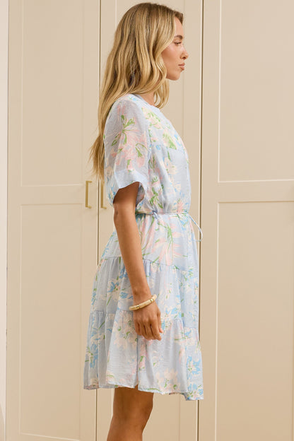 Alissa Mini Dress - Mandarin Collar Shirt Dress with Waist Tie in Camellia Print