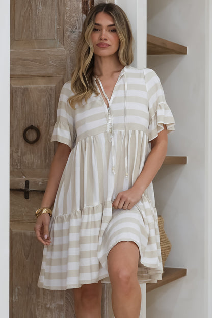 Abilia Mini Dress - Mandarin Collar Smock Dress in Gaubi Print Beige