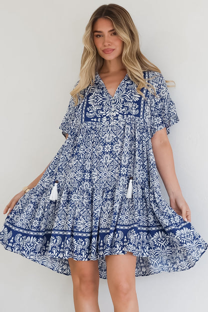 Abilia Mini Dress - Mandarin Collar Smock Dress in Harley Print Blue
