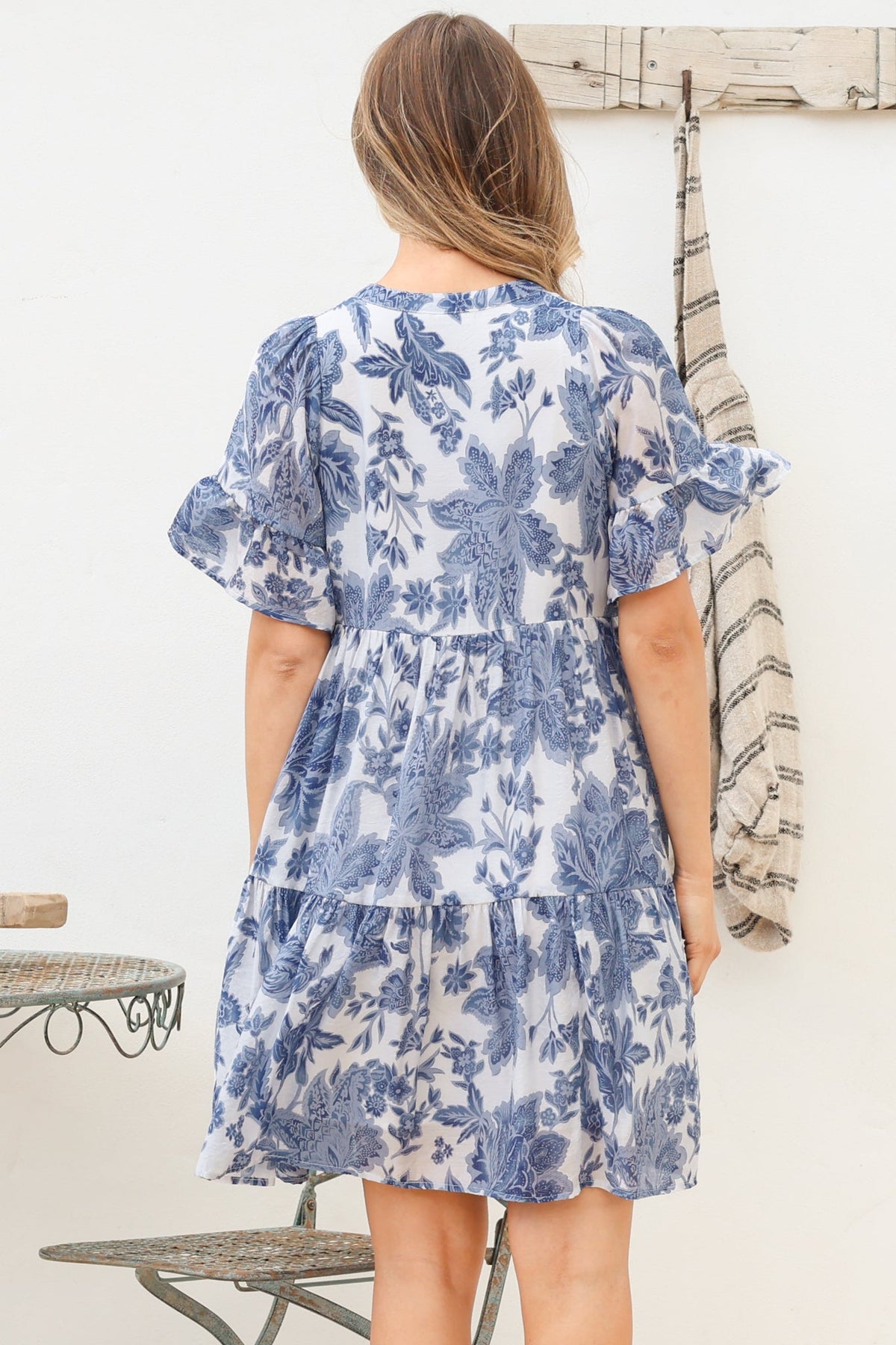 Abilia Mini Dress - Mandarin Collar Smock Dress in Izaria Print Blue