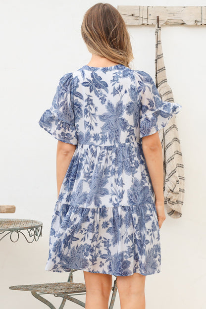 Abilia Mini Dress - Mandarin Collar Smock Dress in Izaria Print Blue