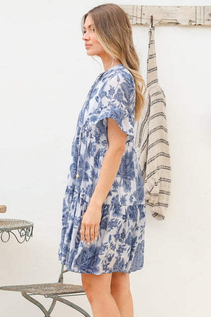Abilia Mini Dress - Mandarin Collar Smock Dress in Izaria Print Blue